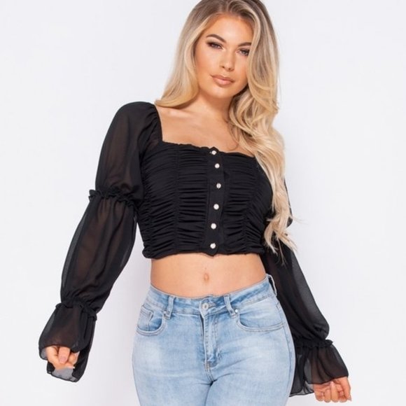 Tops - Black Long Sleeve Off Shoulder Ruched Crop Top
